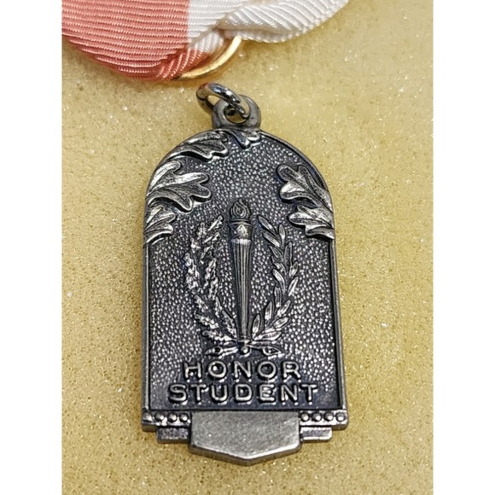 Vintage Honor‎ Student Medal Award Silver Tone Torch Ribbon in Case